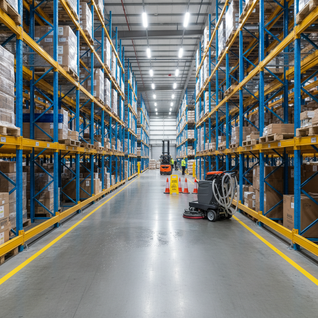 The interior of a busy distribution warehouse in South Yorkshire, seen from a wide, eye-level perspective down a long central aisle between tall blue and yellow pallet racking. The concrete floor in the foreground glistens with a freshly pressure-washed finish, tiny beads of water catching the cool white light from overhead LED fixtures. In the mid-ground, a compact walk-behind scrubber-dryer, neatly parked, shows clean squeegee blades and clear hoses. High-visibility safety cones and a closed-off cleaning zone subtly indicate recent work. The atmosphere is organised, hygienic, and modern, with photographic realism and a clean, corporate aesthetic suitable for showcasing warehouse deep cleaning services.
