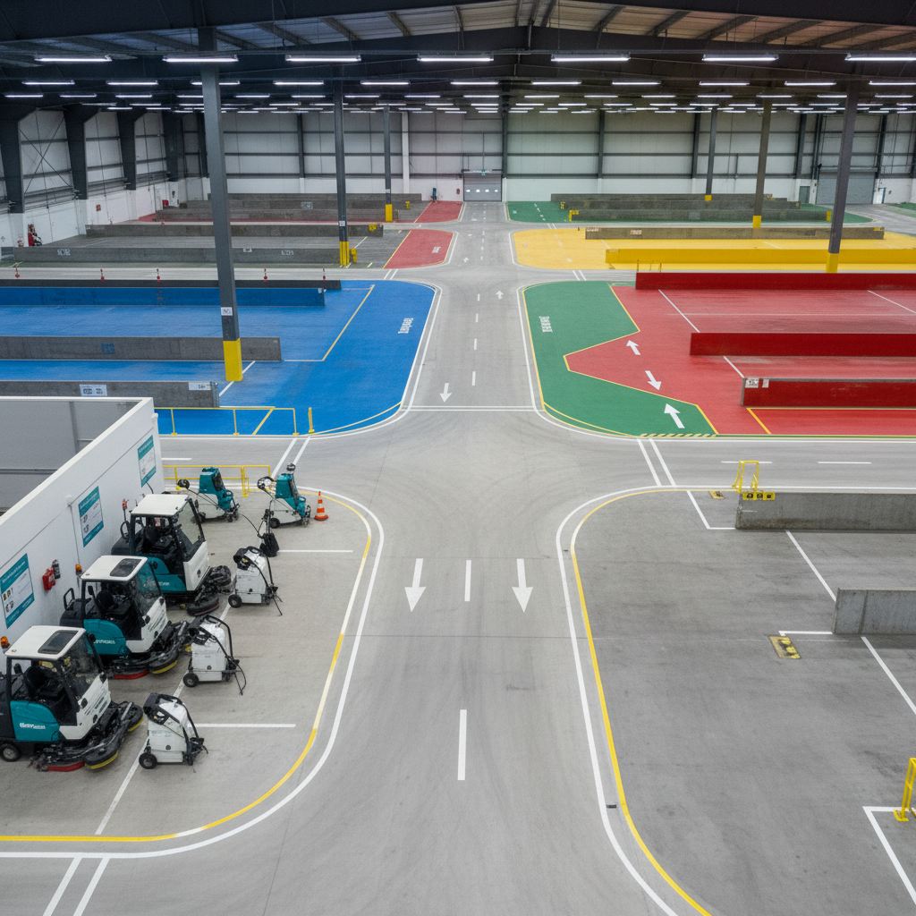 A bird’s-eye view of a large South Yorkshire logistics warehouse divided into coloured zones on the floor, with freshly cleaned, light-grey traffic routes contrasting against slightly darker, uncleaned storage areas. Forklift lanes, pedestrian walkways, and safety markings appear crisp and bright after detailed floor scrubbing and edge cleaning. Along one wall, neatly stored industrial cleaning equipment—scrubber-dryers, wet vacuums, and pressure washers—are lined up in an orderly, designated cleaning station, all in matching corporate colours with safety labels clearly visible but unreadable. Cool, evenly distributed overhead lighting creates minimal shadows, giving a clean, organised, compliance-focused atmosphere in photographic realism, ideal for explaining planned cleaning regimes and safety improvements.