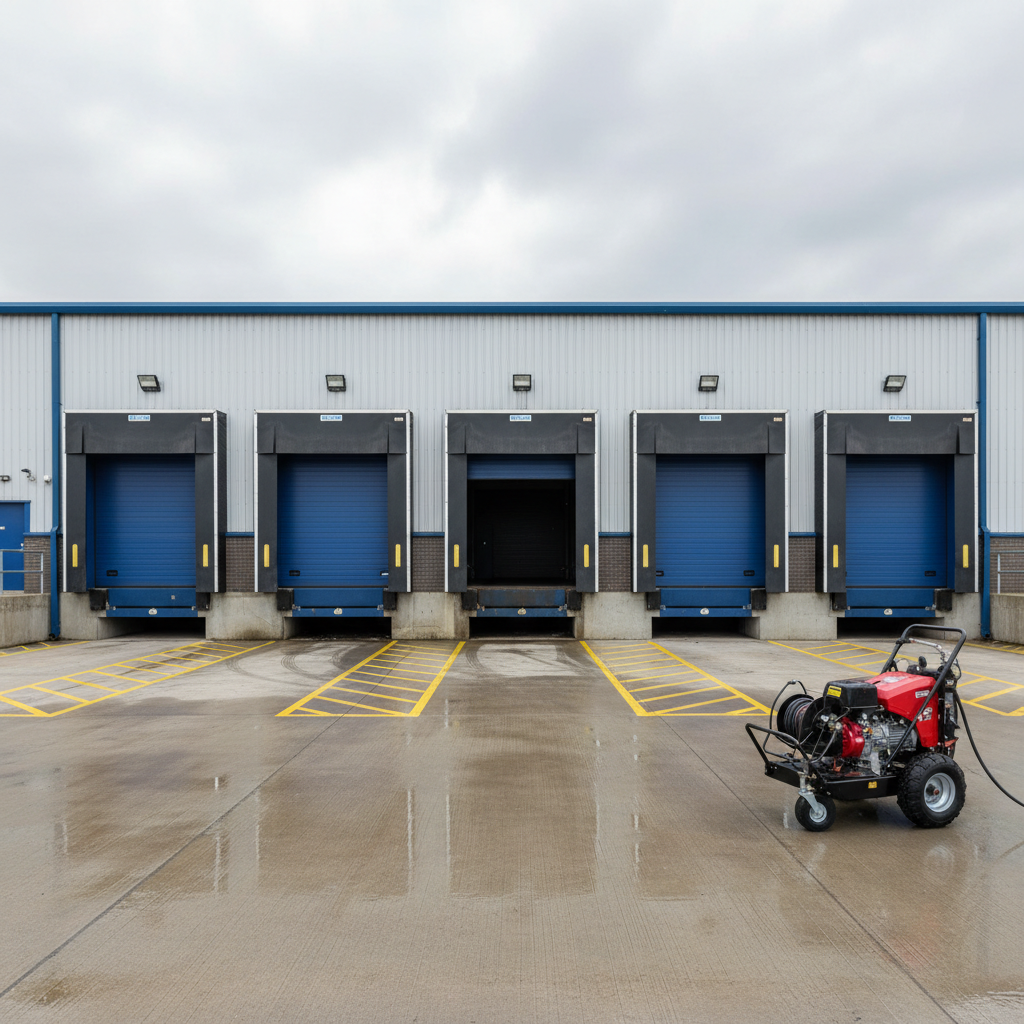 An exterior loading bay at a South Yorkshire factory, showing a series of dock levellers, roller shutters, and painted safety lines on concrete that has just been pressure washed. The surface near the viewer is visibly damp and spotless, reflecting the soft, cloudy daylight, while further away faint traces of old tyre marks suggest recent removal of heavy grime. A robust, towable cold-water pressure washer sits to one side, hose neatly coiled, with stainless-steel fittings catching highlights. The composition is a wide, eye-level shot with strong horizontal lines from the bay doors, creating a sense of order, durability, and reliability in photographic realism, suitable for a section about external pressure washing and loading bay cleaning.