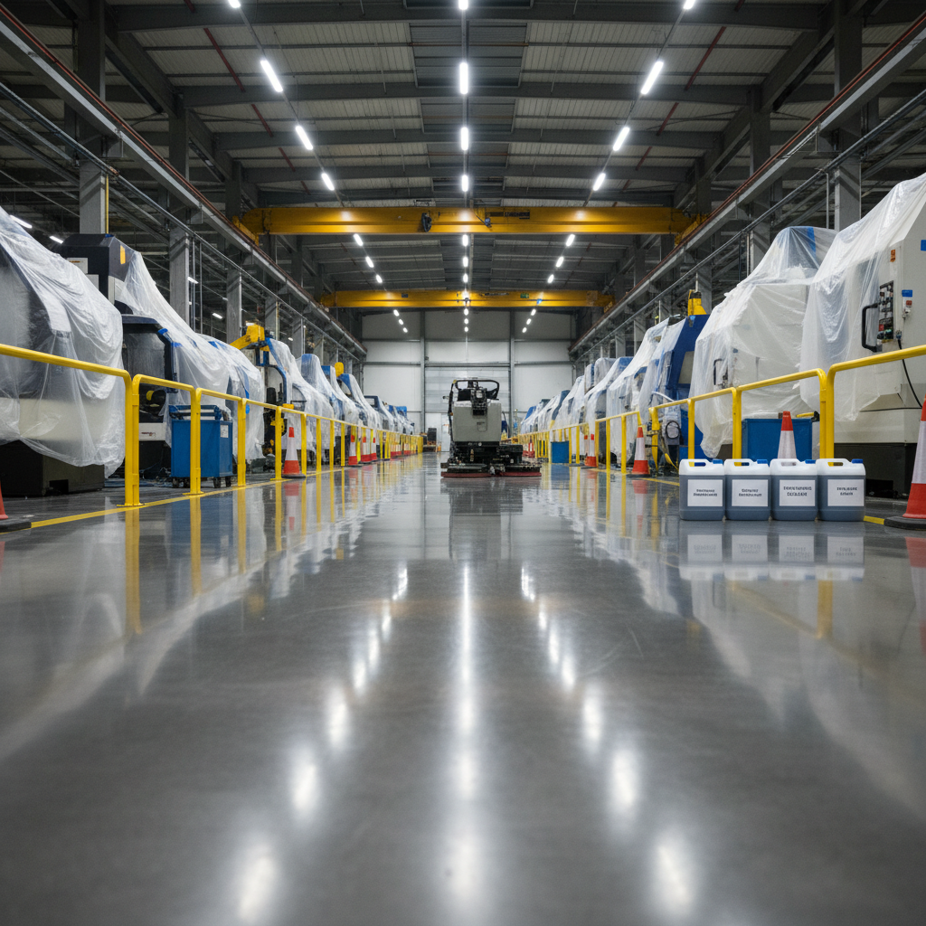 Inside a South Yorkshire manufacturing plant, a long, polished epoxy-coated factory floor stretches into the distance between rows of heavy machinery, all meticulously masked off with protective barriers to indicate a scheduled deep clean. The floor nearest the camera gleams with a mirror-like shine, reflecting structured overhead LED strip lights, while further away a compact floor scrubber with interchangeable pads rests beside neatly arranged, clearly labelled, chemical-safe containers. No people are visible, only equipment in immaculate condition. Photographic realism, shot from a low, slightly wide-angle perspective to emphasize depth and scale. The mood is precise, safety-conscious, and highly professional, ideal for illustrating factory deep cleaning and maintenance standards.