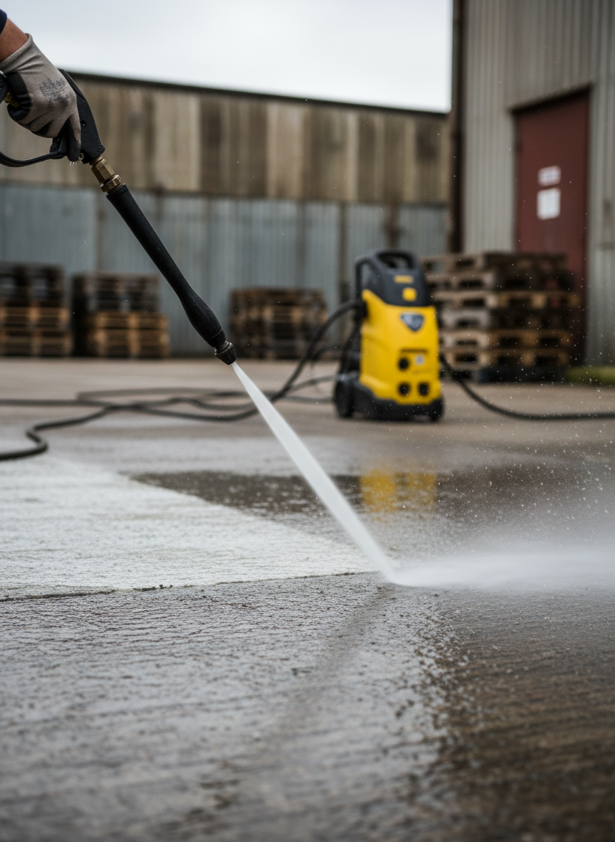 A detailed close-up of an industrial pressure washing lance spraying a powerful, fan-shaped jet of water across an oil-stained outdoor factory yard in Rotherham. The high-pressure water strip leaves a strikingly clean, pale concrete path against the darker, grime-covered surface, with droplets frozen in mid-air in crisp photographic detail. Heavy-duty hoses and a compact pressure washer unit are visible in the background, softly out of focus against corrugated metal factory walls and stacked pallets. Overcast daylight provides diffused, even lighting, reducing harsh shadows and emphasizing surface transformation. The composition follows the rule of thirds, with the cleaning jet leading the viewer’s eye through the frame, creating a dynamic, professional, results-focused mood.
